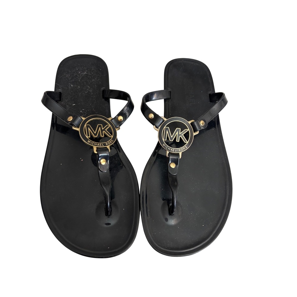 Michael Kors Womens Black Jelly Flip Flop Sandals Gold MK Logo Medallion Size 8